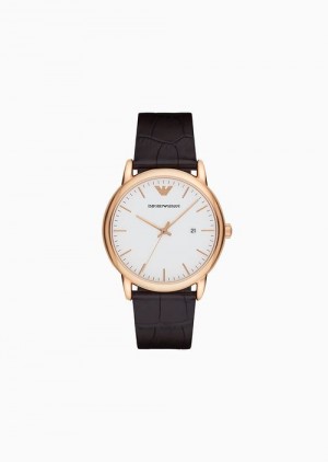 Dark Brown Emporio Armani Three-hand Date Brown Leather Watch | EA-SN59336