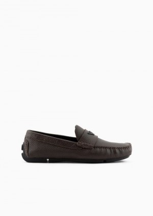 Dark Brown Emporio Armani Tumbled-leather Driving Shoes | EA-SN58869