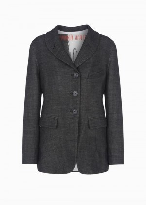 Dark Grey Emporio Armani Icon Denim-effect Wool And Linen Blend Single-breasted Jacket | EA-SN56418