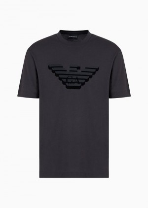 Dark Grey Emporio Armani Pima-jersey T-shirt With Flocked Logo Print | EA-SN58591