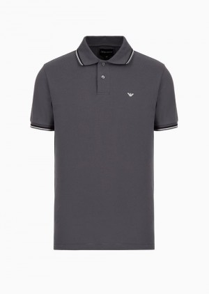 Dark Grey Emporio Armani Slim-fit Stretch Piqué Polo Shirt With Micro Eagle | EA-SN58449