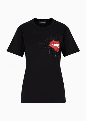 Deep Black Emporio Armani Asv Organic-jersey T-shirt With Red Lips Print | EA-SN57021