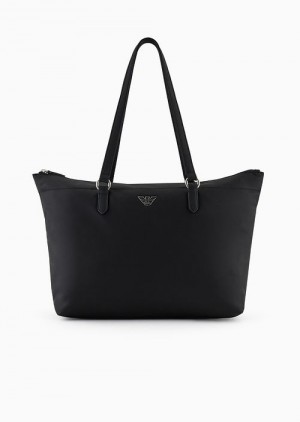 Deep Black Emporio Armani Asv Recycled Nylon Shopper Bag With Eagle Plaque | EA-SN57368