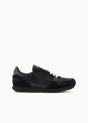 Deep Black Emporio Armani Mesh Sneakers With Suede Details And Eagle Patch | EA-SN58939