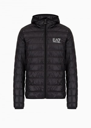 Deep Black Emporio Armani Packable Hooded Core Identity Puffer Jacket | EA7-SN59819