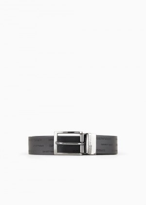 Deep Black Emporio Armani Reversible Leather Belt With All-over Embossed Lettering | EA-SN59120