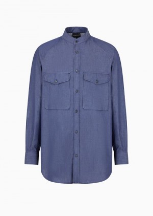 Denim Emporio Armani Guru-collar Chambray Shirt With Front Pockets | EA-SN57871