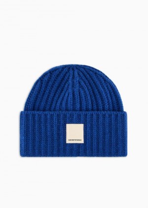 Electric Blue Emporio Armani Asv Capsule Fisherman’s-rib Wool Beanie | EA-SN59164