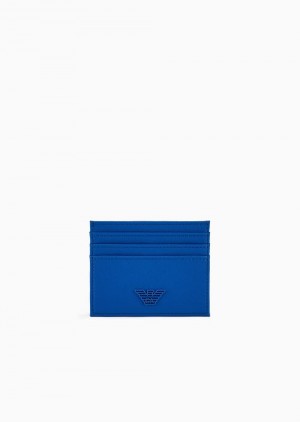 Electric Blue Emporio Armani Asv Regenerated Saffiano Leather Card Holder With Rubberised Eagle | EA-SN59292