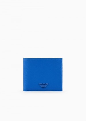 Electric Blue Emporio Armani Asv Regenerated Saffiano Leather Card Holder Wallet With Rubberised Eagle | EA-SN59293