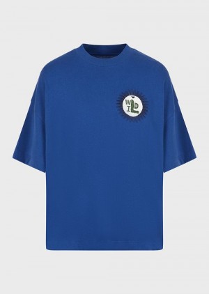 Electric Blue Emporio Armani Sustainable Collection Organic American Jersey T-shirt With Patch | EA-SN58671