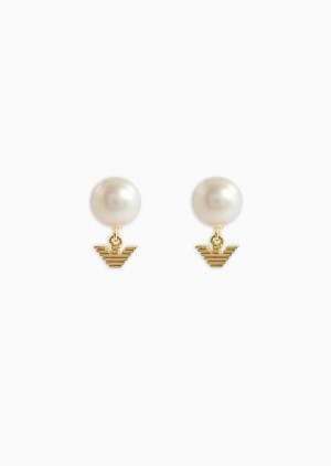 Gold Emporio Armani White Pearl Stud Earrings | EA-SN57562