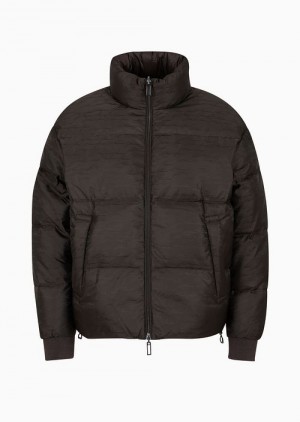 Green Emporio Armani Reversible Full-zip Down Jacket In Jacquard Nylon With All-over Signature Logo | EA-SN58228