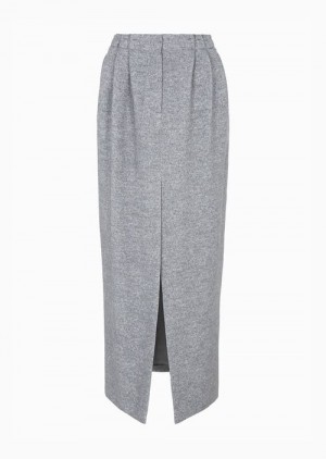 Grey Emporio Armani Icon Chevron MéLange-bouclé, Virgin-wool Blend Pencil Skirt | EA-SN56905