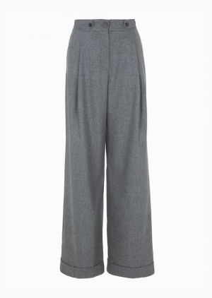 Grey Emporio Armani Icon MéLange Wool Flannel Trousers With Darts And Strap Detail | EA-SN56840