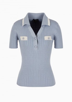 Grey Emporio Armani Icon Short-sleeved Polo-shirt Jumper In A Ribbed Cashmere Blend | EA-SN56713