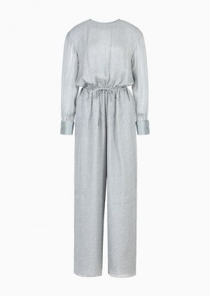 Grey Emporio Armani Icon Silk Chiffon Jumpsuit With Knitwear-effect Print And Drawstring | EA-SN56503