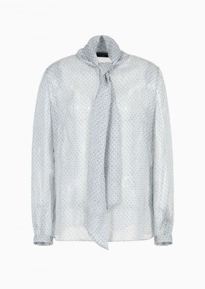 Grey Emporio Armani Icon Silk Chiffon Shirt With Foulard Collar And Oversized Knitwear-effect Print | EA-SN56944