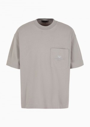 Grey Emporio Armani Oversize Heavy Jersey T-shirt With Pocket And Embossed Logo Embroidery | EA-SN58716