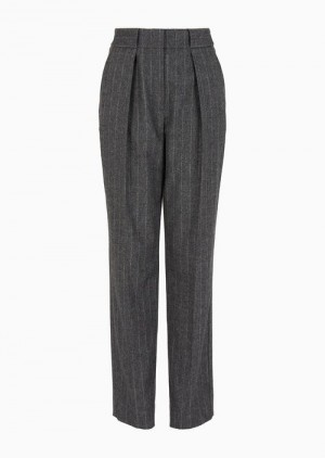 Grey Emporio Armani Pinstriped MéLange Wool-blend Trousers With Darts | EA-SN56825