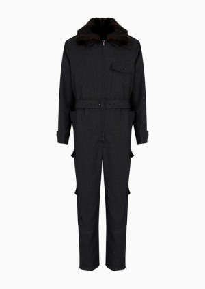 Grey Emporio Armani Virgin-wool Grisaille Aviator Jumpsuit With Faux-fur Collar | EA-SN58271