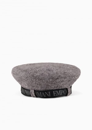 Grey Emporio Armani Wool-blend Beret With Logo Ribbon | EA-SN57476