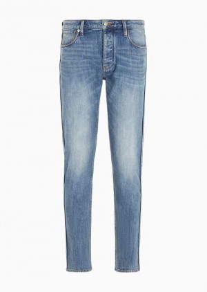 Light Blue Emporio Armani J75 Slim-fit, Stone-washed Stretch-denim Jeans | EA-SN57942