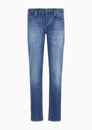 Light Blue Emporio Armani J75 Slim-fit, Washed Stretch-denim Jeans | EA-SN57944