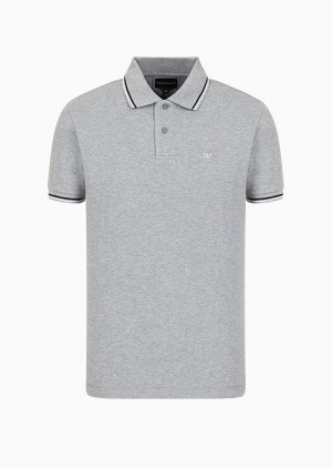 Light Grey Emporio Armani Slim-fit Stretch Piqué Polo Shirt With Micro Eagle | EA-SN58450