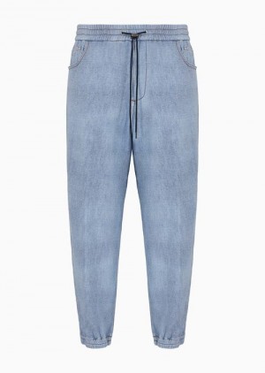 Medium Blue Emporio Armani Denim-effect Printed Jersey Drawstring Trousers With Elasticated Cuffs | EA-SN58417