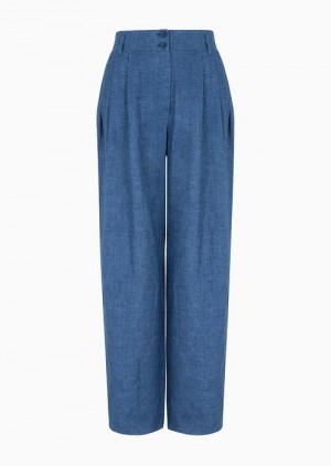 Medium Blue Emporio Armani Icon Ovel-leg Trousers With Pleats In Washed Linen | EA-SN56880