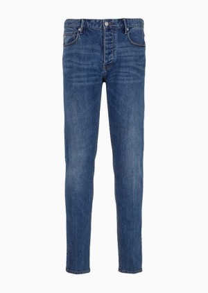 Medium Blue Emporio Armani J75 Slim-fit, Washed Stretch-denim Jeans | EA-SN57992