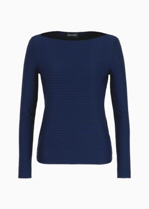 Midnight Blue Emporio Armani Boat-neck Jumper In A Jacquard Fabric With Embossed Stripe Motif | EA-SN56684