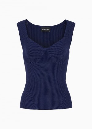 Midnight Blue Emporio Armani Corn-on-the-cob Stitch Knit Top With Contoured Neckline | EA-SN56705