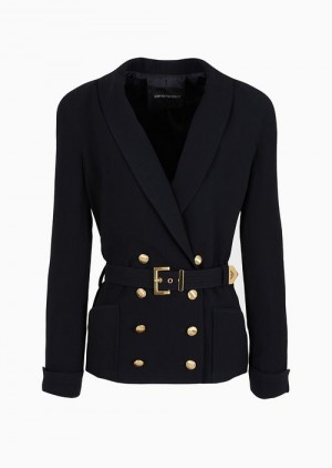 Midnight Blue Emporio Armani Double-breasted Jacket In Seersucker With Belt | EA-SN56480