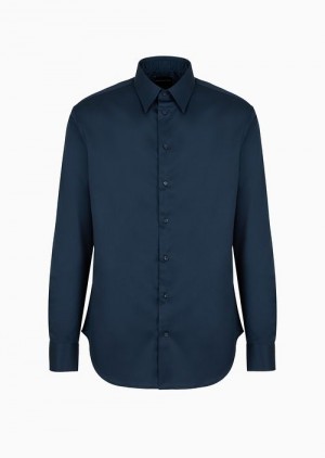 Midnight Blue Emporio Armani Modern-fit, Stretch-cotton, Non-iron Shirt With A Stiff Collar | EA-SN57891