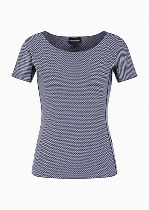 Midnight Blue Emporio Armani Short-sleeved Jumper In Op-art Jacquard Jersey | EA-SN56965