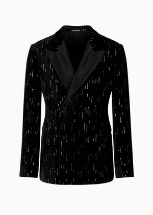 Midnight Blue Emporio Armani Soho Capsule Collection Double-breasted Jacket In Velvet With Sequins Creating A Rain Effect | EA-SN57780