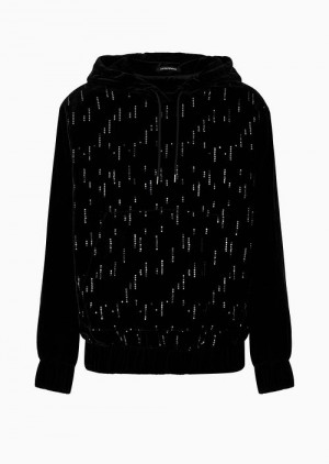 Midnight Blue Emporio Armani Soho Capsule Collection Hoodie In Velvet With Sequins Creating A Rain Effect | EA-SN58496