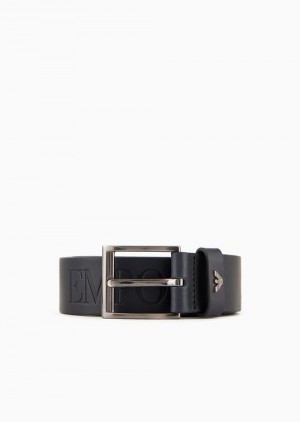 Midnight Blue Emporio Armani Tumbled-leather Belt With Oversized Logo Lettering | EA-SN59142