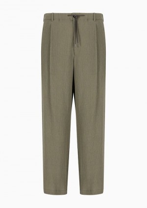 Military Green Emporio Armani Bark-effect Textured Wool-blend Drawstring Trousers With Darts | EA-SN58329