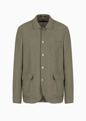 Military Green Emporio Armani Classic-collar Jacket In A Bark-effect Textured Wool Blend | EA-SN57787