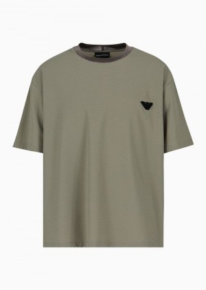 Military Green Emporio Armani Seersucker T-shirt With Eagle Patch | EA-SN58632