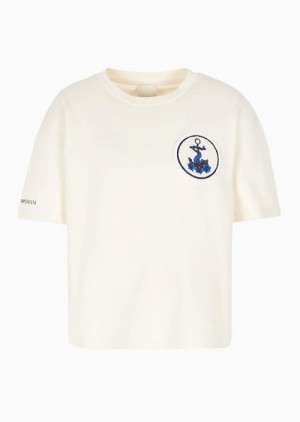 Milky White Emporio Armani Asv Capsule Organic American Jersey T-shirt With Patch | EA-SN57036