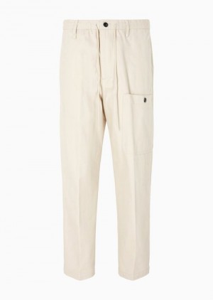 Milky White Emporio Armani Brushed Cotton Drawstring Trousers With Side Pockets | EA-SN58272