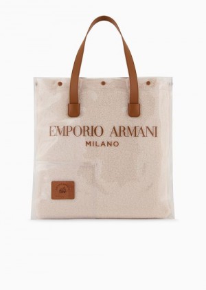 Milky White Emporio Armani Chalet Capsule Collection Pvc And Teddy Fabric Double Shopper Bag | EA-SN57327