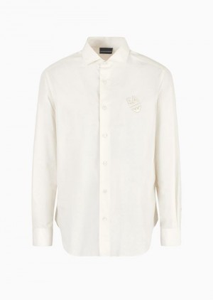 Milky White Emporio Armani Cotton Poplin Shirt With Embossed Ea Embroidery | EA-SN57874