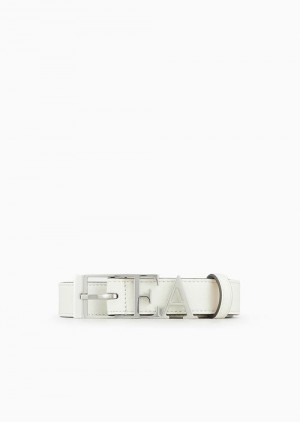 Milky White Emporio Armani Deer-print Leather Belt With Contoured Ea Buckle | EA-SN57456