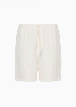 Milky White Emporio Armani Faded Linen With A CrêPe Texture Drawstring Board Shorts With Drawstring | EA-SN58373