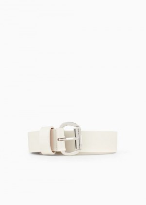 Milky White Emporio Armani Leather Belt With Logo Buckle | EA-SN57450